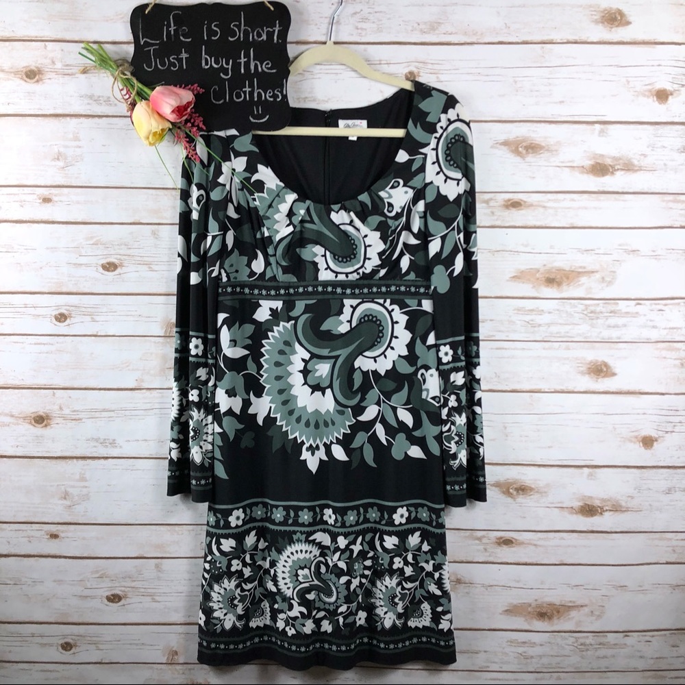 Oleg Cassini black white floral long sleeve dress